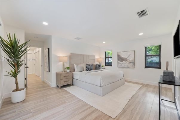 Bedroom, Interior, Recessed Lighting, Wood Texture Flooring