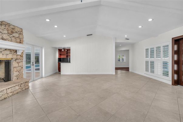 Empty room, Fireplace, Interior, Recessed Lighting, Stone Walls