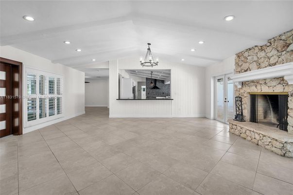 Empty room, Fireplace, Interior, Recessed Lighting, Stone Walls