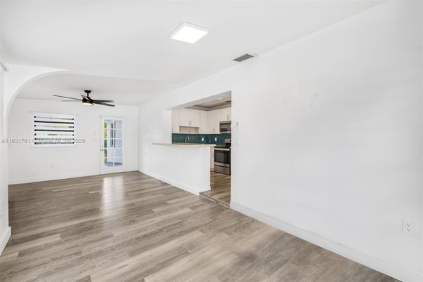 Empty room, Interior, Kitchen, Recessed Lighting, Wood Texture Flooring
