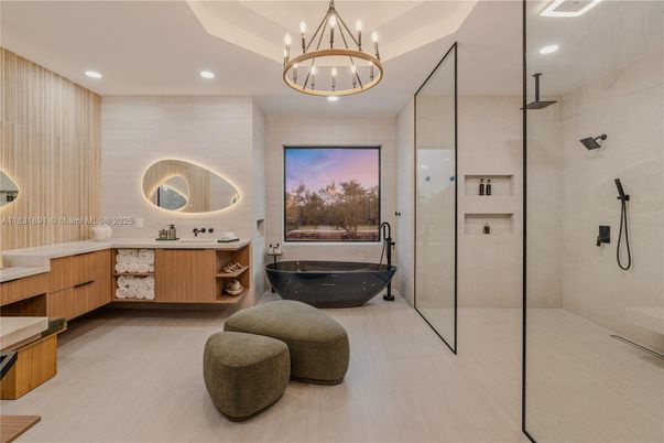 Bathroom, Chandelier, Dual Sink Vanities, Glass Shower, Interior, Recessed Lighting