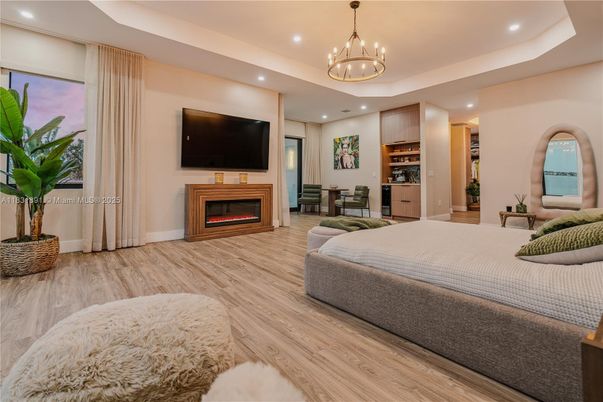 Bedroom, Chandelier, Interior, Recessed Lighting, Wood Texture Flooring