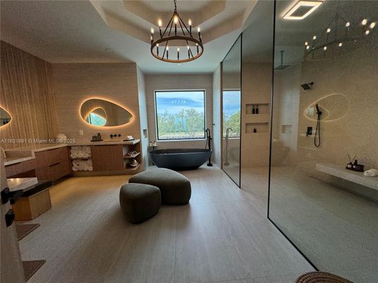 Bathroom, Chandelier, Free Standing Baths, Glass Shower, Interior, Recessed Lighting