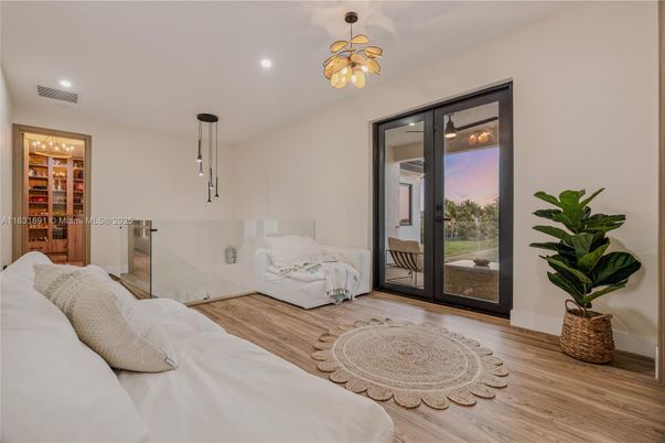 Bedroom, Interior, Pendant Lights, Recessed Lighting, Wood Texture Flooring