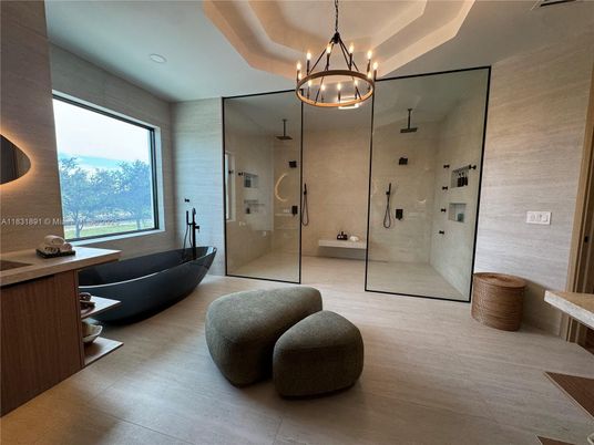 Bathroom, Chandelier, Glass Shower, Interior, Pendant Lights, Recessed Lighting