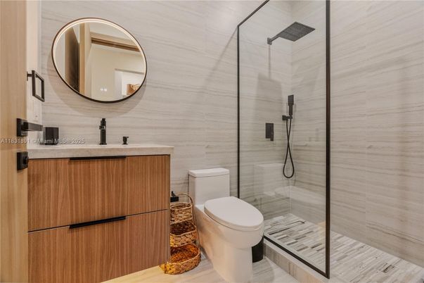 Bathroom, Glass Shower, Interior, Wood Texture Flooring