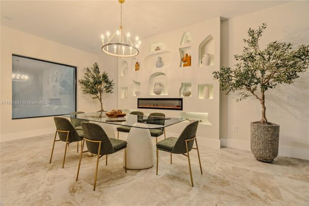 Chandelier, Dining room, Fireplace, Interior, Marble, Pendant Lights