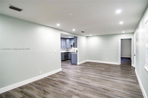 Empty room, Interior, Kitchen, Recessed Lighting, Wood Texture Flooring