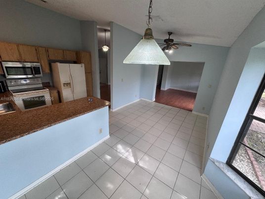 Empty room, Interior, Kitchen, Pendant Lights, Stainless Steel Appliances