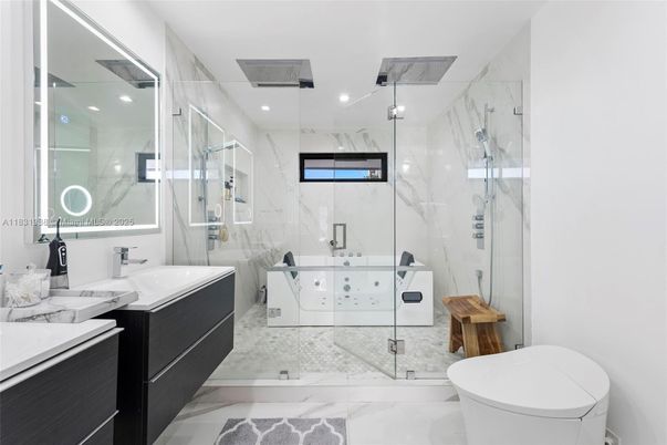 Bathroom, Glass Shower, Interior, Marble, Marble Walls, Recessed Lighting