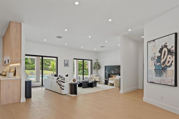 Fireplace, Interior, Living room, Recessed Lighting, Wood Texture Flooring