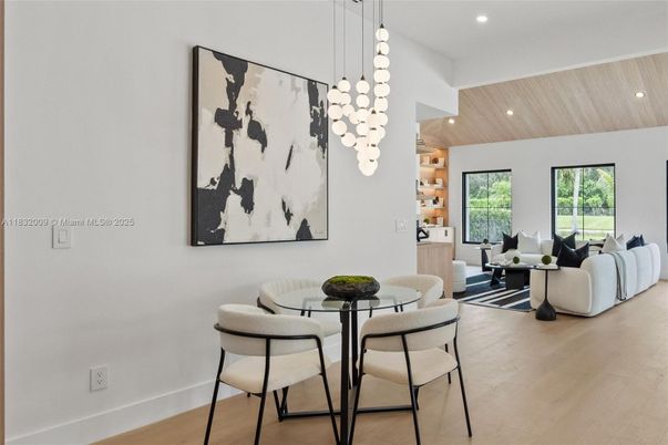 Dining room, Interior, Living room, Pendant Lights, Recessed Lighting, Wooden Ceilings, Wood Texture Flooring