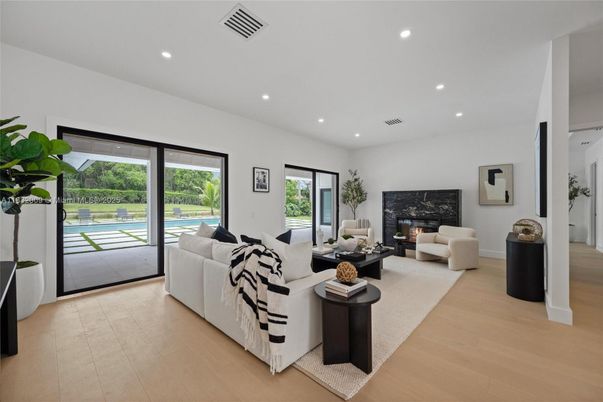 Fireplace, Interior, Living room, Recessed Lighting, Wood Texture Flooring