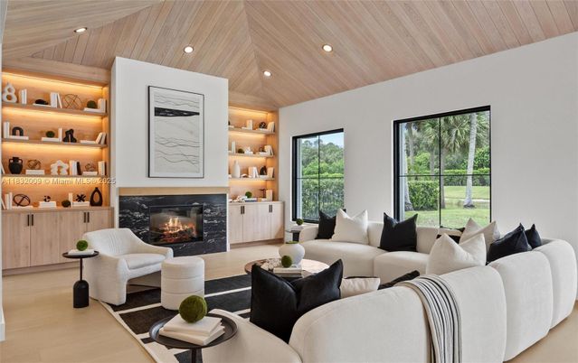 Fireplace, Interior, Living room, Recessed Lighting, Wooden Ceilings, Wood Texture Flooring