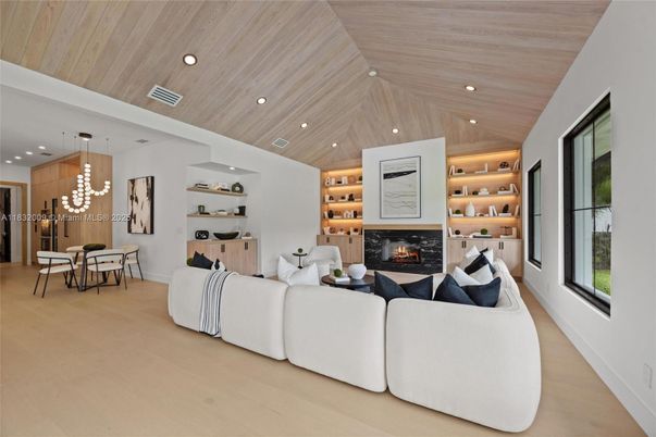 Dining room, Fireplace, Interior, Living room, Pendant Lights, Recessed Lighting, Wooden Ceilings, Wood Texture Flooring