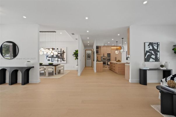 Dining room, Interior, Kitchen, Pendant Lights, Recessed Lighting, Stainless Steel Appliances, Wood Texture Flooring