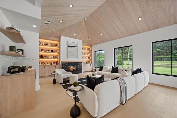 Fireplace, Interior, Living room, Recessed Lighting, Wooden Ceilings, Wood Texture Flooring