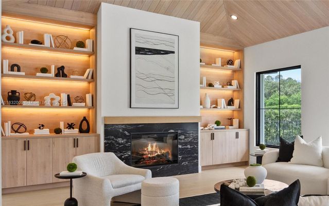 Fireplace, Interior, Living room, Recessed Lighting, Wooden Ceilings