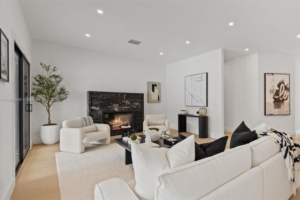 Fireplace, Interior, Living room, Recessed Lighting, Wood Texture Flooring