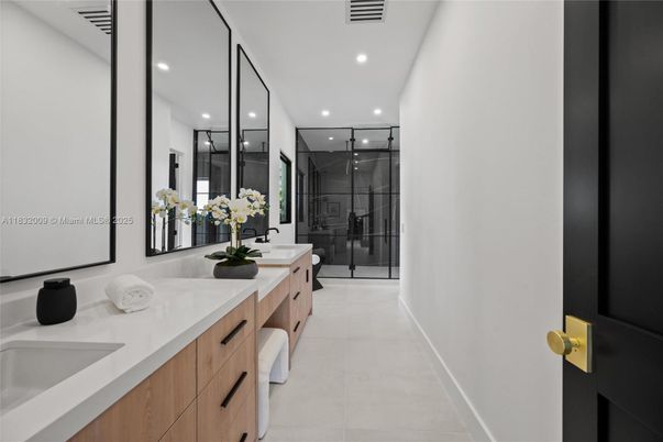 Bathroom, Dual Sink Vanities, Glass Shower, Interior, Recessed Lighting
