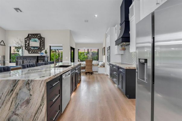 Interior, Kitchen, Living room, Recessed Lighting, Stainless Steel Appliances, Wood Texture Flooring