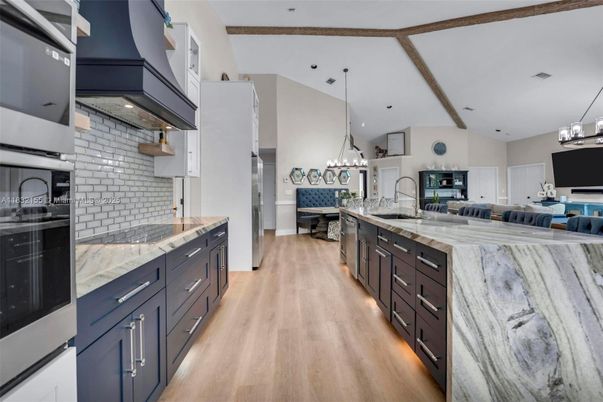 Chandelier, Interior, Kitchen, Pendant Lights, Recessed Lighting, Wooden Beams, Wood Texture Flooring