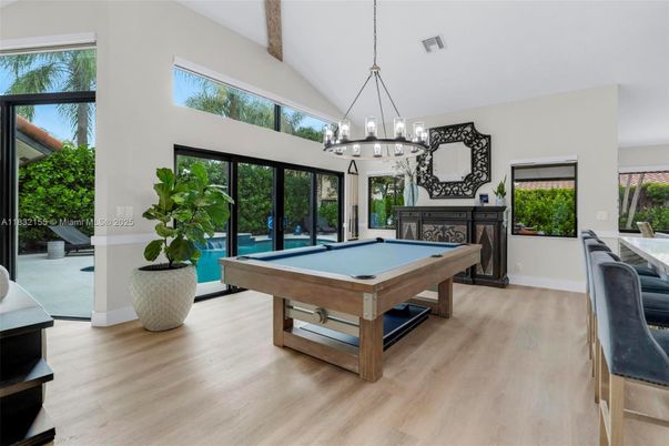 Billiard Table, Chandelier, Game Room, Interior, Pendant Lights, Wood Texture Flooring