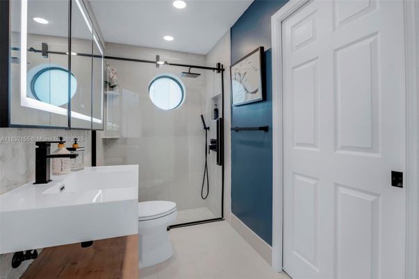 Bathroom, Glass Shower, Interior, Recessed Lighting, Wood Texture Flooring