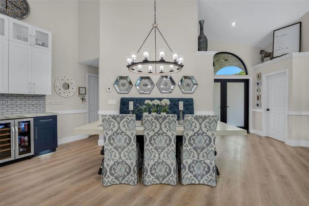 Dining room, Interior, Pendant Lights, Recessed Lighting, Wood Texture Flooring