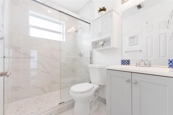 Bathroom, Glass Shower, Interior, Marble Walls, Recessed Lighting