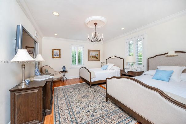 Bedroom, Chandelier, Interior, Recessed Lighting, Wood Texture Flooring