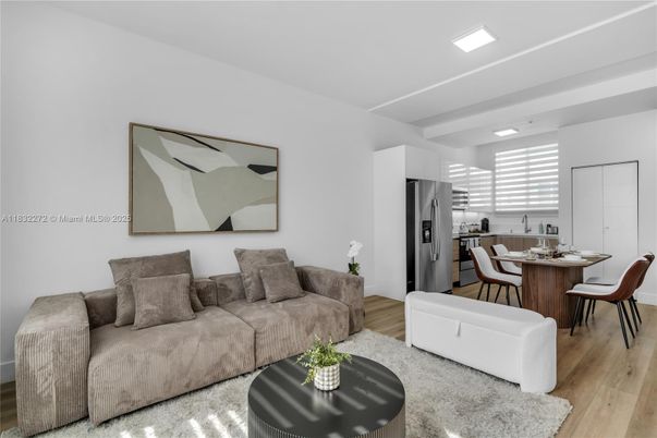 Dining room, Interior, Kitchen, Living room, Recessed Lighting, Stainless Steel Appliances, Wood Texture Flooring
