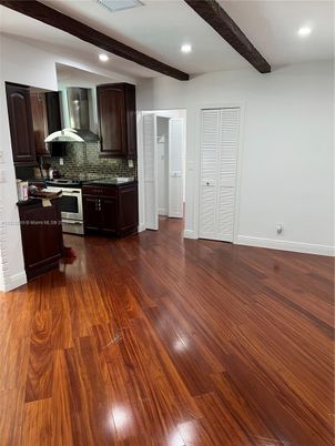 Interior, Kitchen, Recessed Lighting, Stainless Steel Appliances, Wooden Beams, Wood Texture Flooring