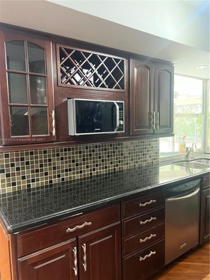 Interior, Kitchen, Tile Countertops, Wood Texture Flooring