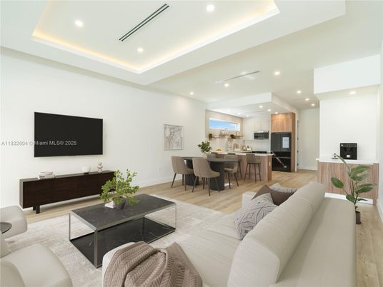 Dining room, Interior, Kitchen, Living room, Recessed Lighting, Stainless Steel Appliances, Wood Texture Flooring