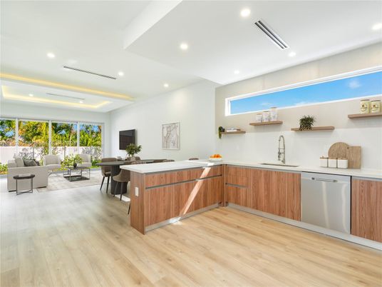 Interior, Kitchen, Living room, Recessed Lighting, Wood Texture Flooring