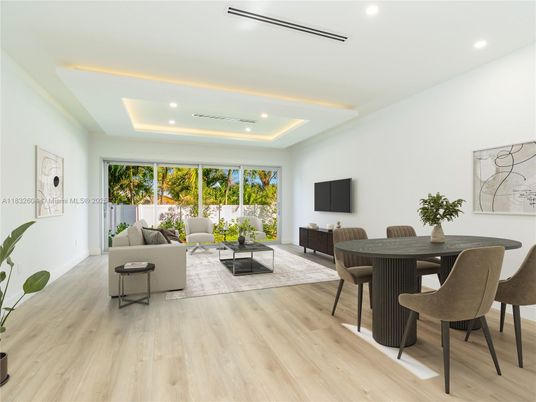 Dining room, Interior, Living room, Recessed Lighting, Wood Texture Flooring