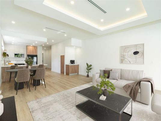 Dining room, Interior, Kitchen, Living room, Recessed Lighting, Stainless Steel Appliances, Wood Texture Flooring