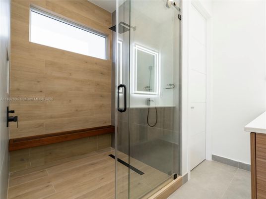 Bathroom, Glass Shower, Interior, Wood Texture Flooring, Wooden Walls