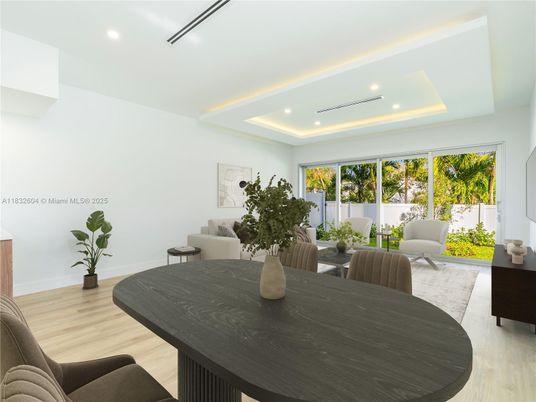 Dining room, Interior, Living room, Recessed Lighting, Wood Texture Flooring