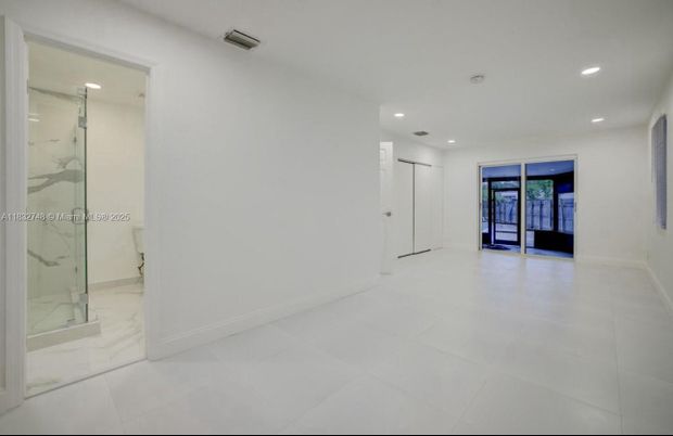 Bathroom, Empty room, Glass Shower, Interior, Marble Walls, Recessed Lighting