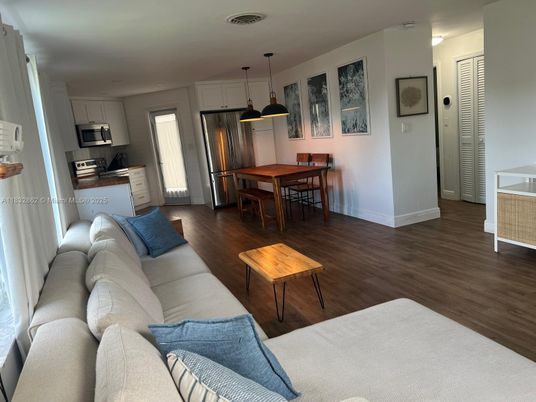 Dining room, Interior, Kitchen, Living room, Pendant Lights, Stainless Steel Appliances, Wood Texture Flooring
