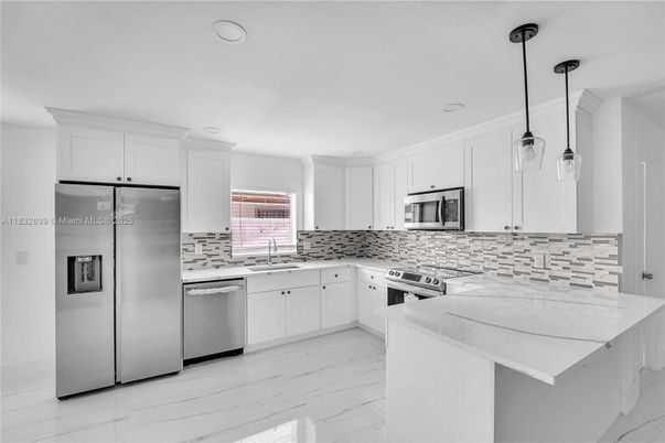Interior, Kitchen, Marble, Pendant Lights, Recessed Lighting, Stainless Steel Appliances