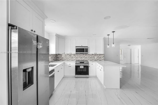 Interior, Kitchen, Marble, Pendant Lights, Recessed Lighting, Stainless Steel Appliances