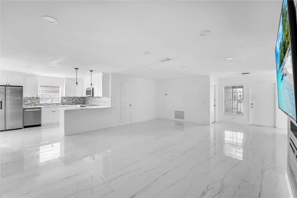 Empty room, Interior, Kitchen, Marble, Pendant Lights, Recessed Lighting