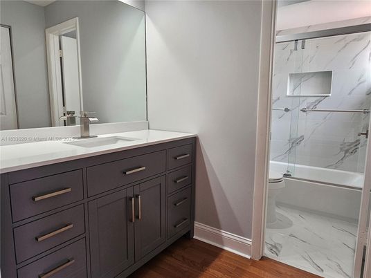Bathroom, Glass Shower, Interior, Marble, Marble Walls, Wood Texture Flooring