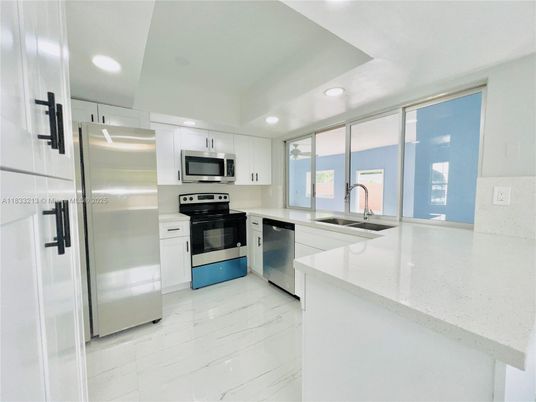Interior, Kitchen, Marble, Recessed Lighting, Stainless Steel Appliances