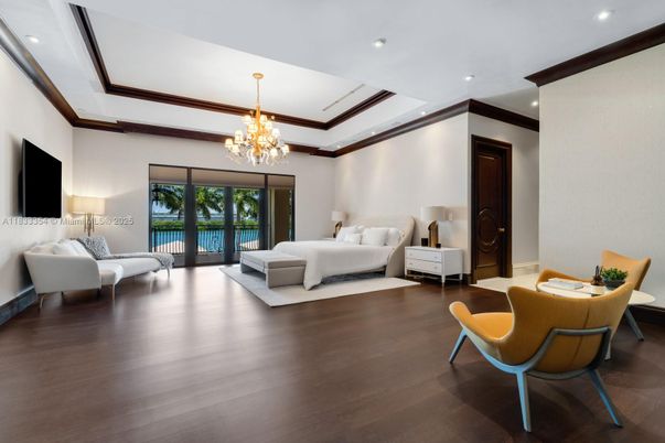 Bedroom, Chandelier, Interior, Recessed Lighting, Wood Texture Flooring