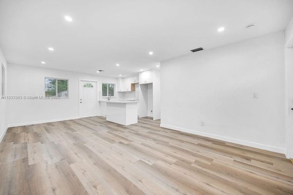 Empty room, Interior, Kitchen, Recessed Lighting, Wood Texture Flooring
