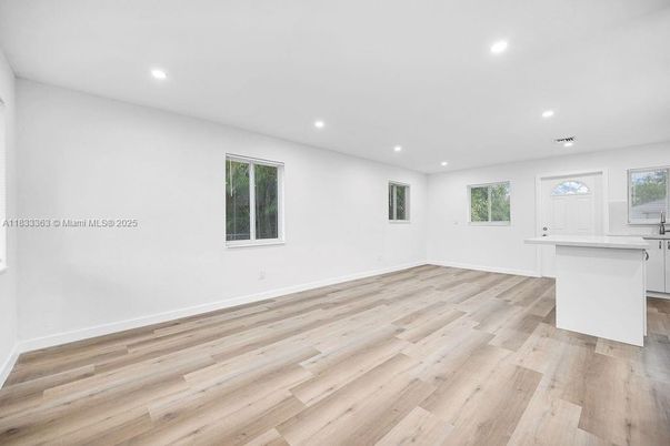 Empty room, Interior, Kitchen, Recessed Lighting, Wood Texture Flooring